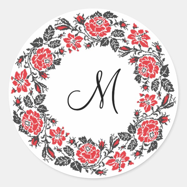 Kreuzstich-Rote Rosen Circle Monogram Runder Aufkleber (Vorderseite)