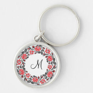 Kreuzstich-Rote Rosen Circle Monogram Schlüsselanhänger