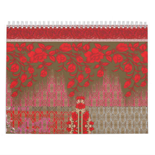 Kreuzstickermuster mit roten Blume und Reben Kalender