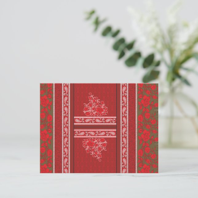 Kreuzstickermuster mit roten Blume und Reben Postkarte (Stehend Vorderseite)