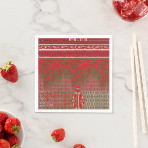 Kreuzstickermuster mit roten Blume und Reben Serviette