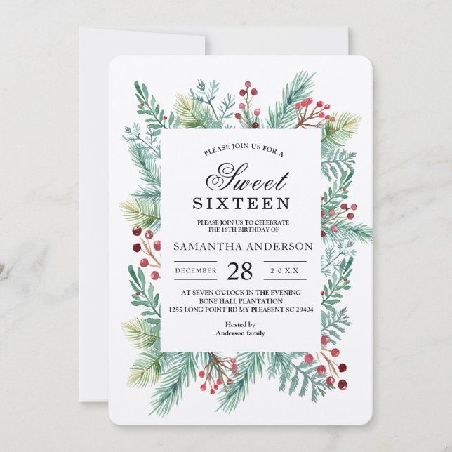 Krfat Hiver Feuille Cadre Vert Invitation (Devant)