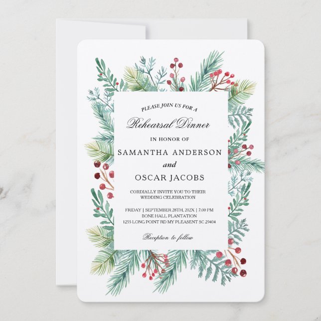 Krfat Hiver Feuille Cadre Vert Invitation (Devant)