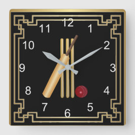 Kricket, Korbgeflecht, Fledermaus und Ball mit Gol Quadratische Wanduhr