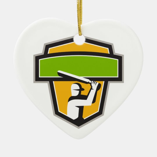 Kricket-Spieler-Schlagen-Wappen Retro Keramik Herz-Ornament