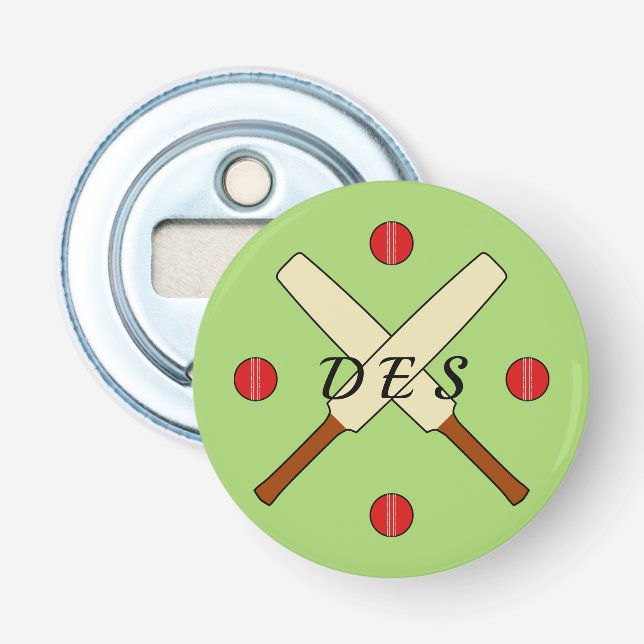 Kricket überkreuzte Fledermäuse personalisiert grü Flaschenöffner (Vorderseite)