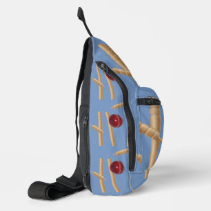Kricketball auf Blau zerschmettert Kricketstumps, Crossbody Bag