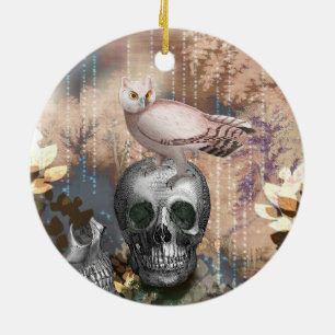Kriechende Eule auf Schädel Keramik Ornament