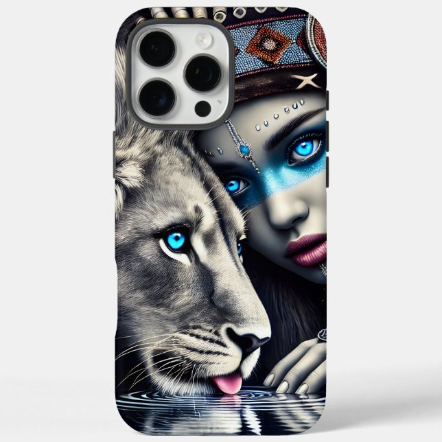 Krieger und Löwe unter Mondlicht iPhone 16 Pro Max Hülle (Rückseite)