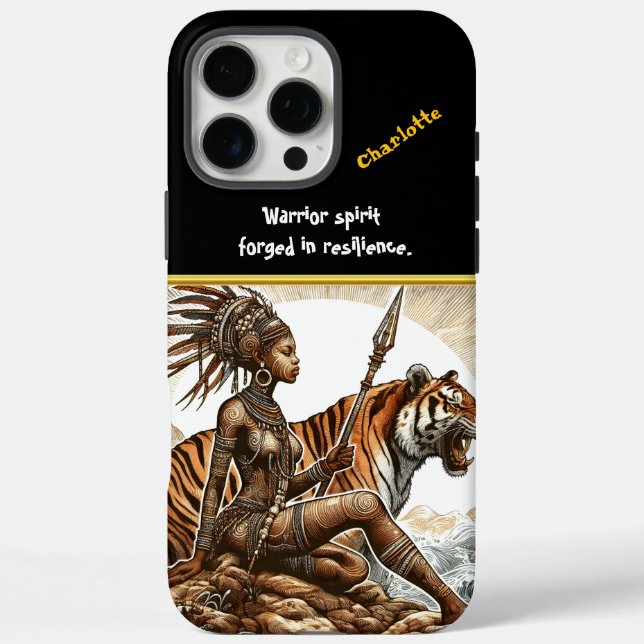 Kriegerin sitzt neben einem brüllenden Tiger in de iPhone 16 Pro Max Hülle (Rückseite)