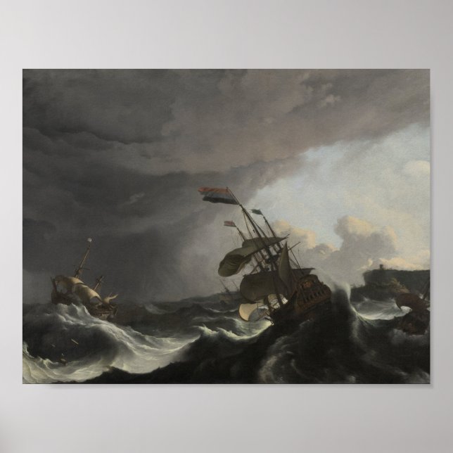 Kriegsschiffe in einem schweren Sturm, Ludolf Bakh Poster (Vorne)