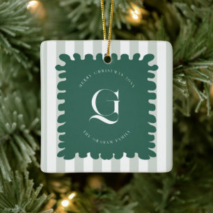 Kringelrahmen & Streifen Monogramm Weihnachtsfoto Keramikornament