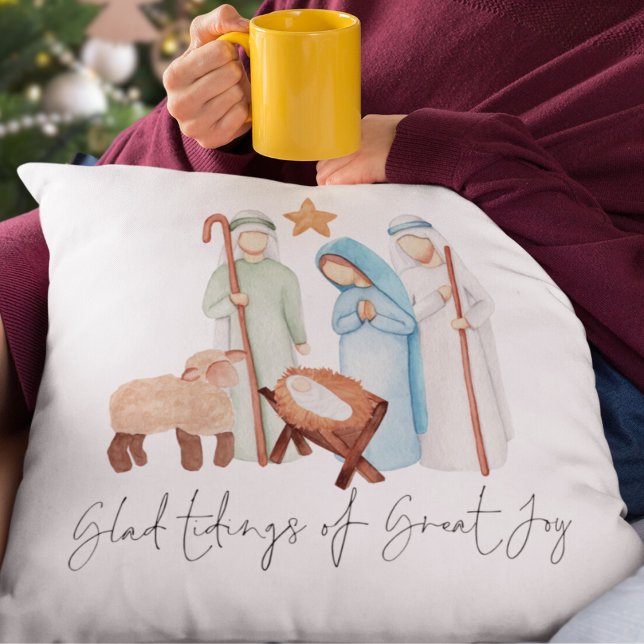 Krippe-Drehbuch Glad Tidings of Great Joy Kissen (Mary Joseph baby Jesus and Shepherd Glad Tidings Pillow. Same design both sides)