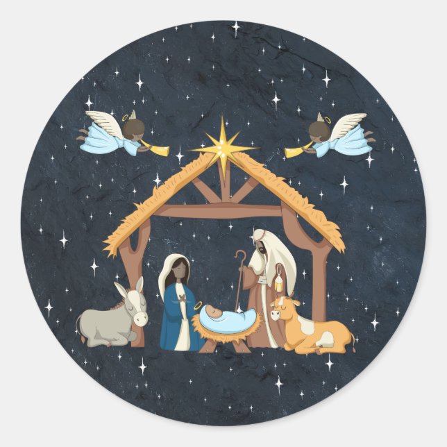 Krippe Dunkle Haut Tone Weihnachten Runder Aufkleber (Vorderseite)