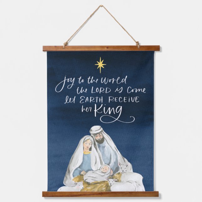 Krippe Joy Watercolor Religiöse Weihnachten Wandteppich Mit Holzrahmen (Vorderseite)