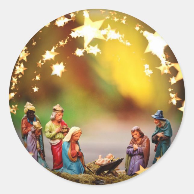 Krippe Krippe Jungfrau Mary Säugling Jesus Stars Runder Aufkleber (Vorderseite)
