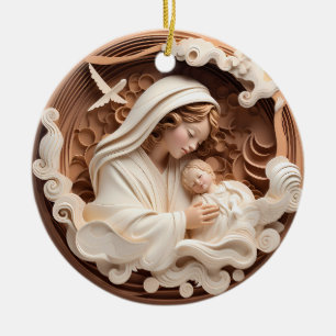 Krippe Mary und Baby Jesus 3d Holzaussehen Keramik Ornament