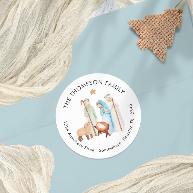 Krippe mit Shepherd Rücksendeadresse Runder Aufkleber (Mary Joseph Baby jesus and Shepherd Return Name Address Sticker sheet)