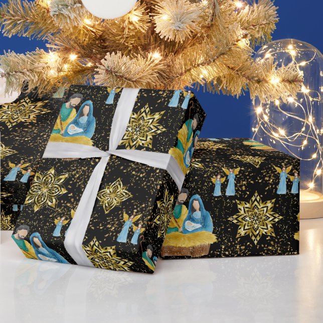Krippe Nacht Mary Joseph Jesus Angels Golden Geschenkpapier (Feiertage)