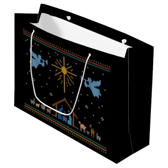 Krippe Nativity Ugly Christmas Sweater Christlich Große Geschenktüte (Vorderseite Schrägansicht)