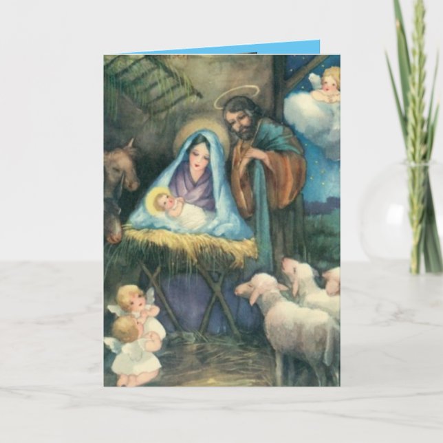 Krippe Szene Vintage Weihnachtsgrüße Karte (Vorderseite)