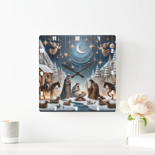 Krippe Winter Mary, Joseph und Baby Jesus Quadratische Wanduhr