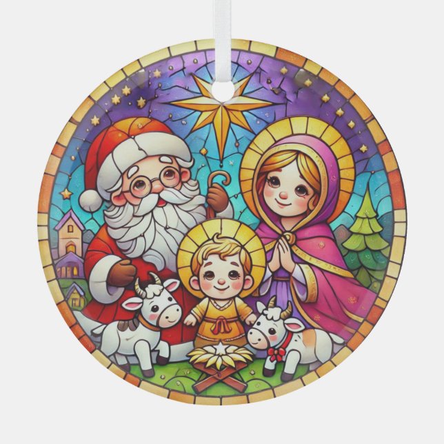 Krippenfestivals mit dem Weihnachtsmann Ornament Aus Glas (Vorderseite)