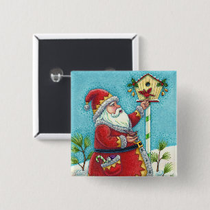 KRIS KRINGLE FÜTTERND REDBIRDS, CHRISTMAS BIRDHOUS BUTTON