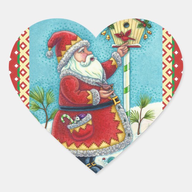 KRIS KRINGLE FÜTTERND REDBIRDS, CHRISTMAS BIRDHOUS Herz-Aufkleber (Vorderseite)