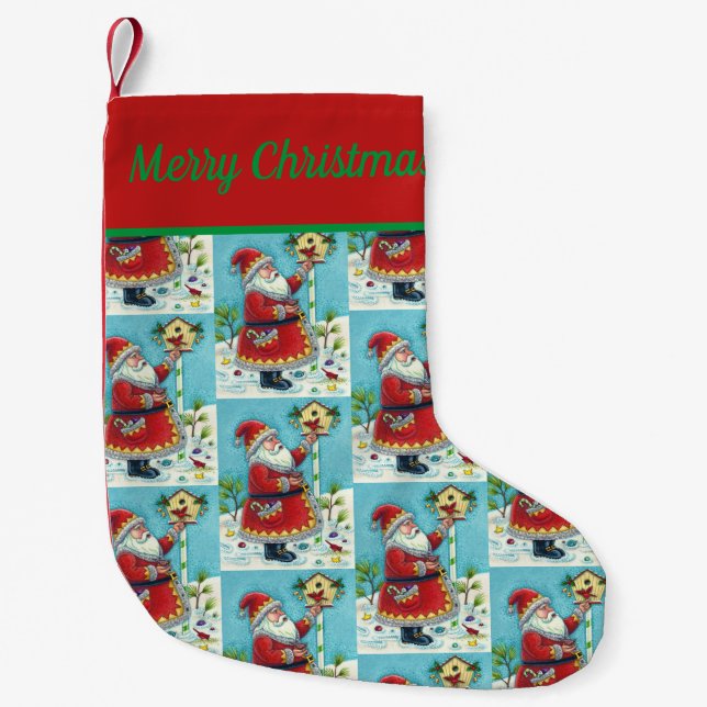 KRIS KRINGLE FÜTTERND REDBIRDS, CHRISTMAS BIRDHOUS KLEINER WEIHNACHTSSTRUMPF (Vorderseite)