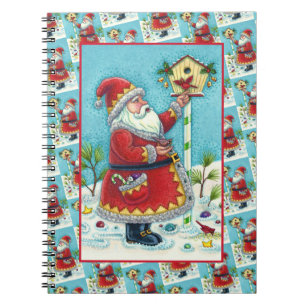 KRIS KRINGLE FÜTTERND REDBIRDS, CHRISTMAS BIRDHOUS NOTIZBLOCK