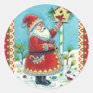 KRIS KRINGLE FÜTTERND REDBIRDS, CHRISTMAS BIRDHOUS RUNDER AUFKLEBER