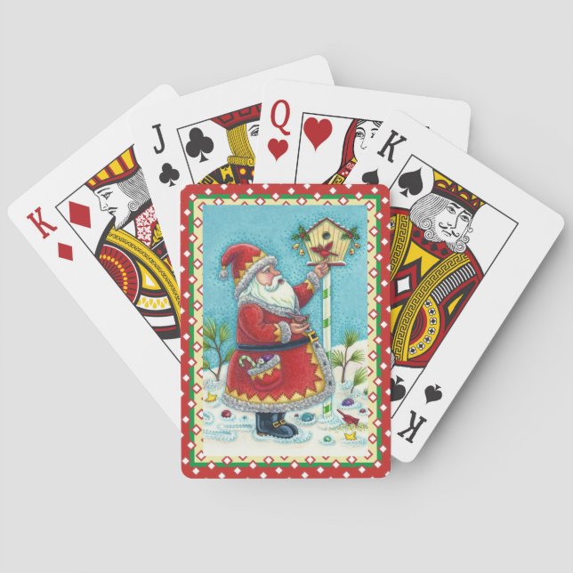 KRIS KRINGLE FÜTTERND REDBIRDS, CHRISTMAS BIRDHOUS SPIELKARTEN (Rückseite)