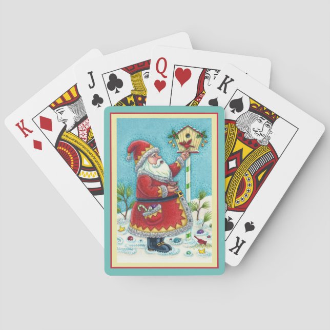 KRIS KRINGLE FÜTTERND REDBIRDS, CHRISTMAS BIRDHOUS SPIELKARTEN (Rückseite)