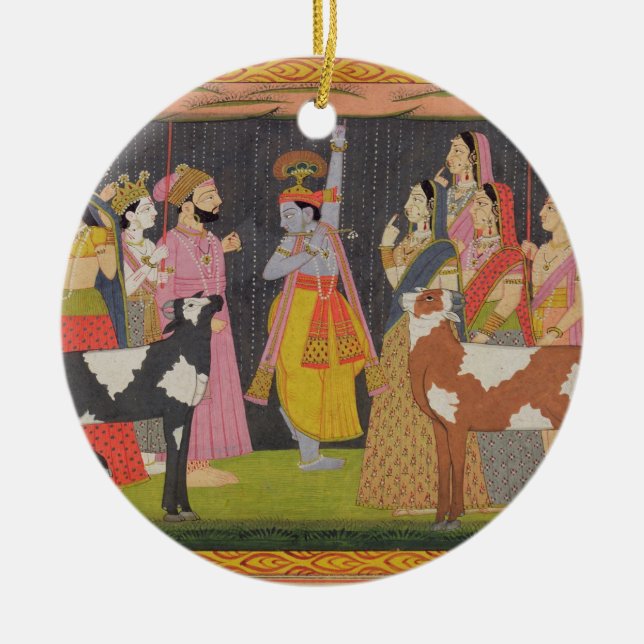 Krishna anhebender Berg Govardhana, vom 'Bhagav Keramikornament (Vorne)