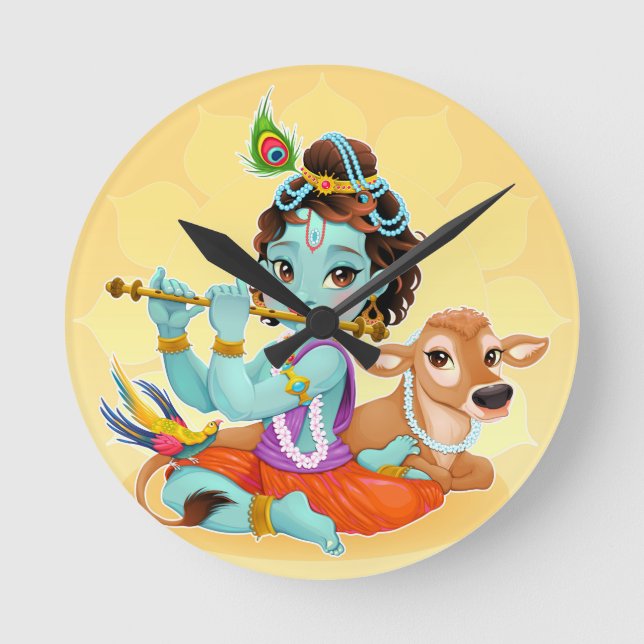 Krishna Indian God playing flute illustration Runde Wanduhr (Vorderseite)