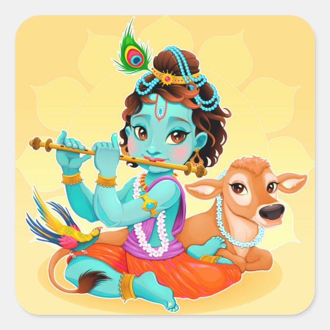 Krishna Indian God spielt Flötenillustrierung Quadratischer Aufkleber (Vorderseite)