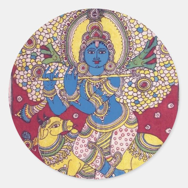 KRISHNA MIT FLUTE KALAMKARI-MALETTE RUNDER AUFKLEBER (Vorderseite)