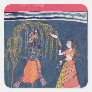Krishna spielt eine Flöte, aus der 'Vahula Quadratischer Aufkleber