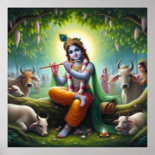 Krishna spielt Flöte unter dem Kadamba-Baum Poster