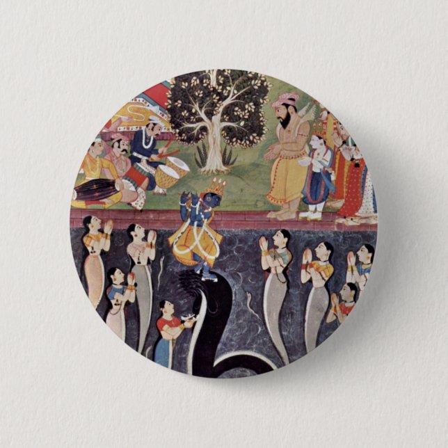 Krishna tanzt über das überwundene Kaliya Naag in Button (Vorderseite)