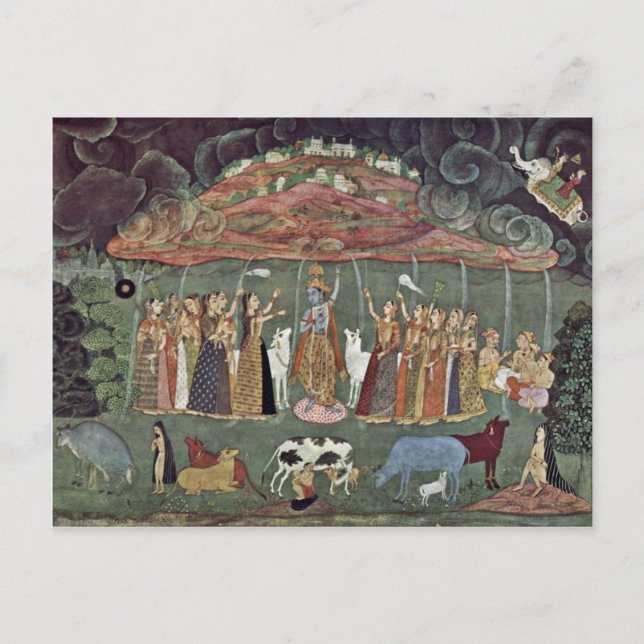 Krishna und der Berg Govardhan von Shahadin Postkarte (Vorderseite)