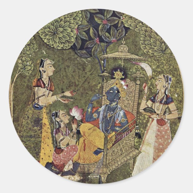 Krishna und die Mädchen von Indischer Maler Um 171 Runder Aufkleber (Vorderseite)