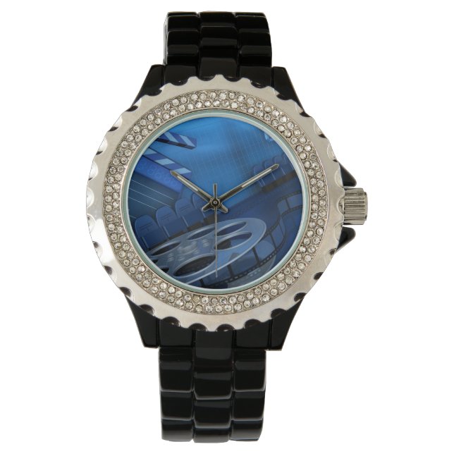 Kristall mit Black Enamel Watch Blue Film Reel Armbanduhr (Vorderseite)