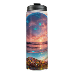 Kristall-Ozean-Sonnenuntergang in Glassphäre – Trä Thermosbecher