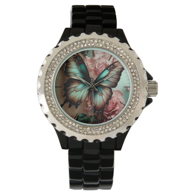 Kristall-Schmetterling und Blume Armbanduhr (Vorderseite)