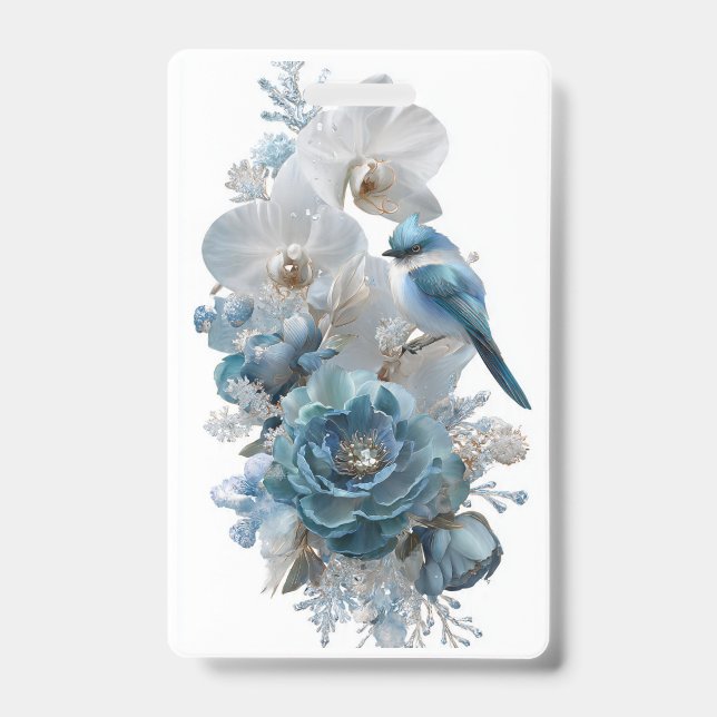 Kristallblauer Vogel & Glas-Blumen-Abzeichen.		 Ausweis (Vorderseite)