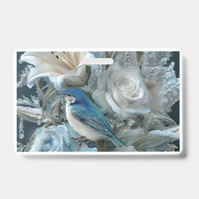 Kristallblauer Vogel & Glas-Blumen-Abzeichen. Ausweis (Vorderseite)
