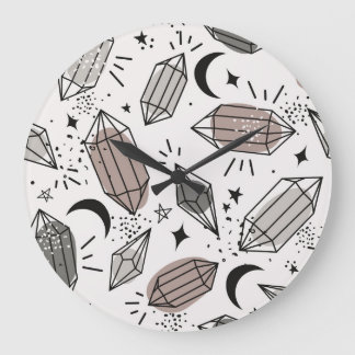 Kristalle, Mond, Sterne, überlappendes Design. Große Wanduhr