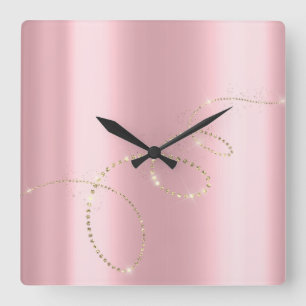 Kristalle Pinnk Infinity Gold. Eleganter Minimal Quadratische Wanduhr
